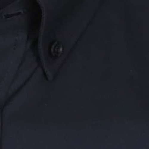 A dark navy button-up shirt featuring a collar and a single button. It has a subtle branding logo. A dark navy button-up shirt featuring a collar and a single button. It has a subtle branding logo.