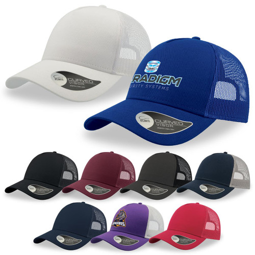 A variety of trucker caps in different colours, featuring mesh backs and a logo on some caps. A variety of trucker caps in different colours, featuring mesh backs and a logo on some caps.