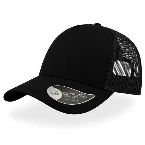 A black trucker cap with a curved visor and mesh panels, featuring a logo on the side.