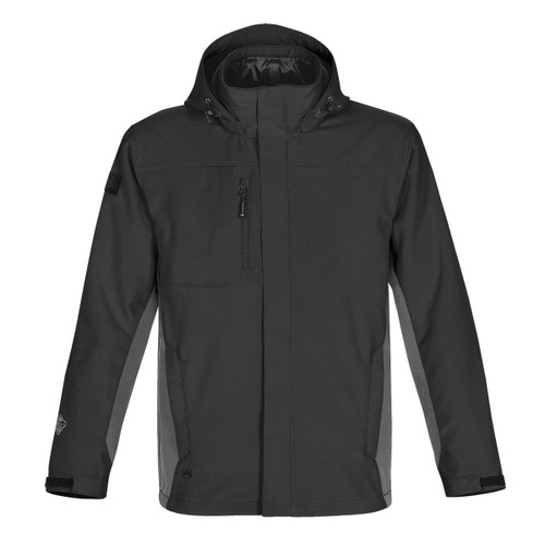A black jacket with a hood, featuring a zip pocket and side panels, and a logo on one sleeve.