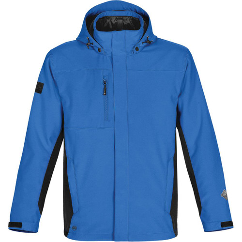 A blue and black men's jacket featuring a hood and front zip, with a logo on one sleeve. A blue and black men's jacket featuring a hood and front zip, with a logo on one sleeve.