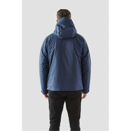 A men's navy thermal shell jacket with a hood, featuring a sleek design and a logo on the back. A men's navy thermal shell jacket with a hood, featuring a sleek design and a logo on the back.