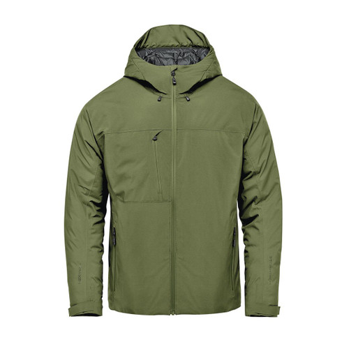 A green Men's Nostromo Thermal Shell jacket with a hood and a zip front, featuring a subtle logo on the sleeve. A green Men's Nostromo Thermal Shell jacket with a hood and a zip front, featuring a subtle logo on the sleeve.