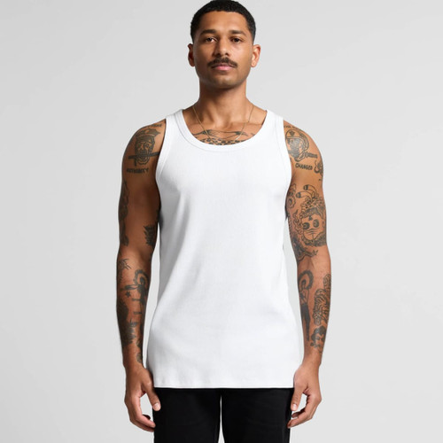 A white organic rib singlet featured on a model with tattoos, showcasing a simple and stylish design.
