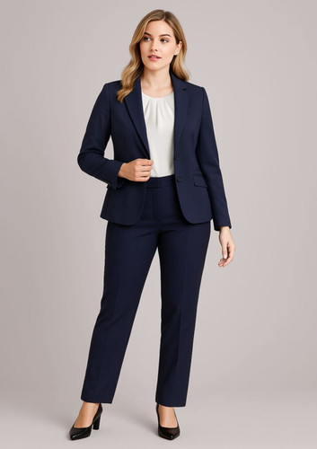 A navy women's suit jacket is displayed, paired with matching pants and a white blouse. The model wears black heels. A navy women's suit jacket is displayed, paired with matching pants and a white blouse. The model wears black heels.