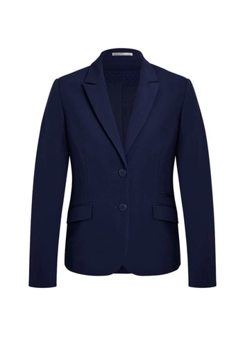A navy mid-length women's jacket with a notched lapel and two-button closure, featuring two side pockets and a branding logo. A navy mid-length women's jacket with a notched lapel and two-button closure, featuring two side pockets and a branding logo.