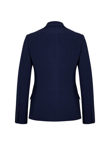 A navy mid-length women's jacket with a fitted design and long sleeves, featuring buttons on the cuffs. A navy mid-length women's jacket with a fitted design and long sleeves, featuring buttons on the cuffs.