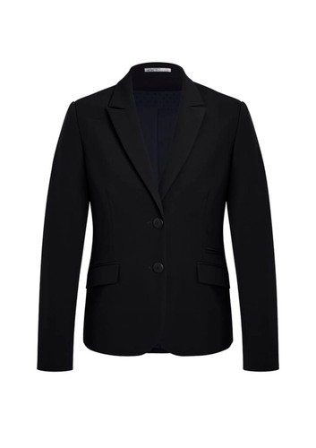 A black mid-length women's jacket featuring a notched collar and two front buttons, with side pockets. A black mid-length women's jacket featuring a notched collar and two front buttons, with side pockets.