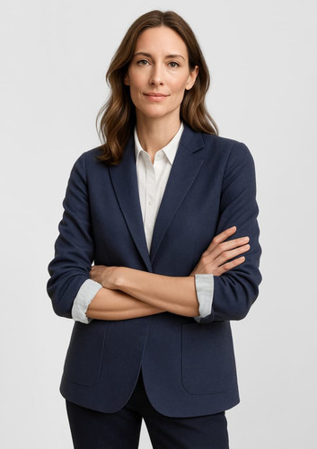 A navy blue women's blazer with a fitted design, featuring a notched lapel and two front pockets. A navy blue women's blazer with a fitted design, featuring a notched lapel and two front pockets.