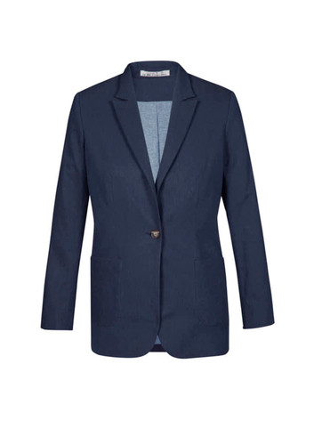 A women's blazer in navy blue featuring a single button closure and two front pockets. It has a slight sheen and a tailored fit. A women's blazer in navy blue featuring a single button closure and two front pockets. It has a slight sheen and a tailored fit.