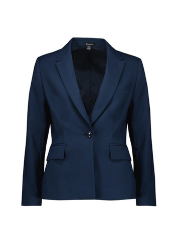 A women's mid-length blazer in navy blue with a single button and tailored design. It features two front pockets and has a logo. A women's mid-length blazer in navy blue with a single button and tailored design. It features two front pockets and has a logo.