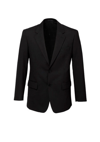 A classic black two-button jacket made from comfortable wool stretch fabric, featuring a notched lapel and pockets.