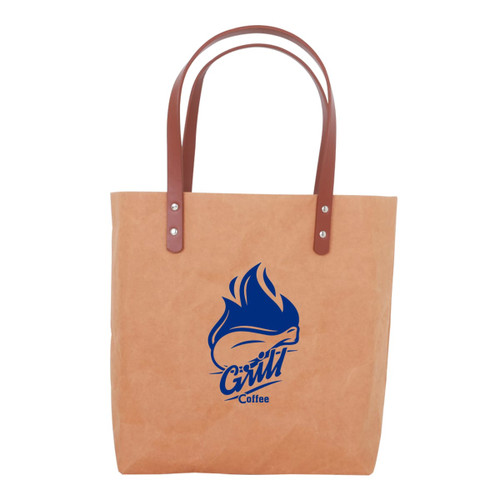 A washable kraft paper bag in brown with a PU handle and a logo printed on the front. A washable kraft paper bag in brown with a PU handle and a logo printed on the front.