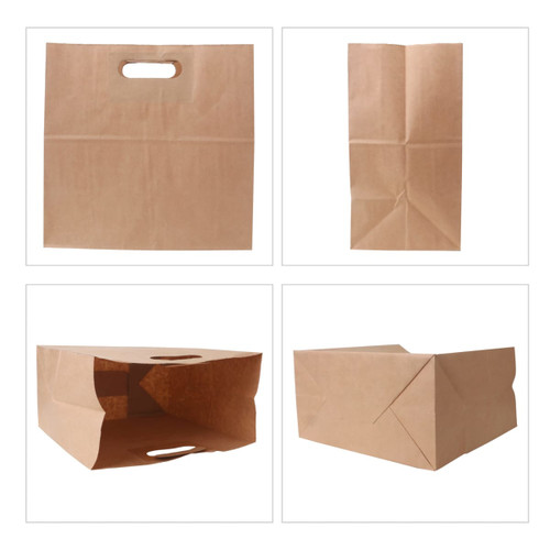 A brown kraft paper bag with a handle, featuring multiple angles to showcase its design and structure.