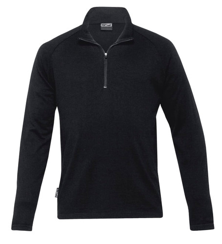 A black Merino zip pullover for men, featuring a quarter zip and long sleeves. It has a logo on the side. A black Merino zip pullover for men, featuring a quarter zip and long sleeves. It has a logo on the side.