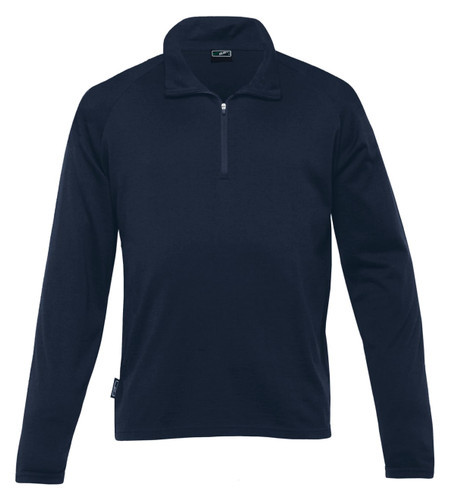 A navy Merino zip pullover for men featuring a half-zip front and long sleeves, with a branding logo. A navy Merino zip pullover for men featuring a half-zip front and long sleeves, with a branding logo.