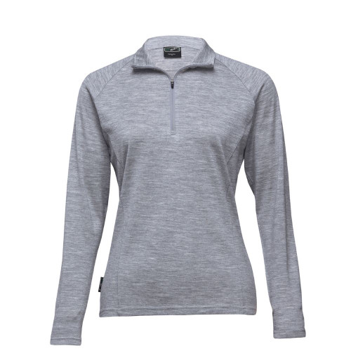 A grey Merino zip pullover for women with long sleeves and a quarter zip at the collar, featuring a small logo.