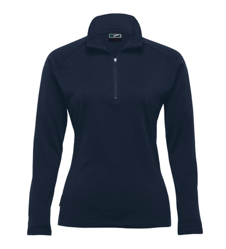 A navy Merino zip pullover for women with a quarter zip and long sleeves. Features a branding logo.