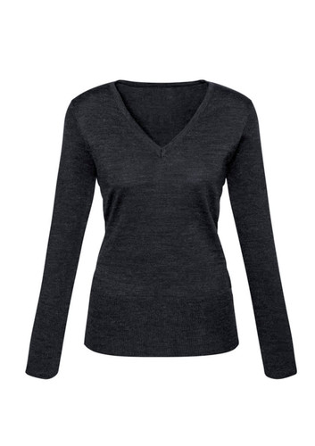 A women's Milano pullover in dark grey, featuring a V-neck and long sleeves. It has a simple design with no visible logos. A women's Milano pullover in dark grey, featuring a V-neck and long sleeves. It has a simple design with no visible logos.