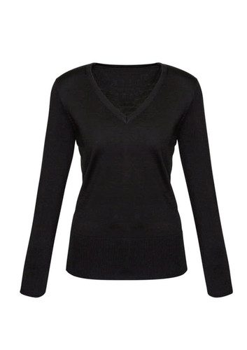 A black women's Milano pullover featuring a V-neck and long sleeves, with a fitted design and ribbed hem. A black women's Milano pullover featuring a V-neck and long sleeves, with a fitted design and ribbed hem.
