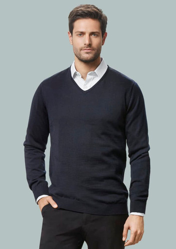 A dark navy v-neck pullover sweater worn over a collared shirt, featuring long sleeves and a fitted design. A dark navy v-neck pullover sweater worn over a collared shirt, featuring long sleeves and a fitted design.