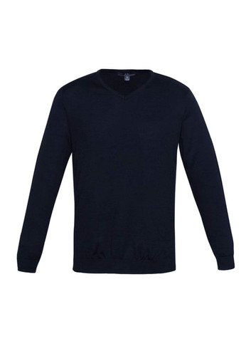 A navy blue men's pullover with a V-neck and long sleeves, featuring a logo on the chest. A navy blue men's pullover with a V-neck and long sleeves, featuring a logo on the chest.