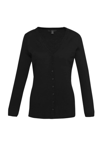 A black women's Milano cardigan featuring a V-neck and button closure, with long sleeves and a fitted design. A black women's Milano cardigan featuring a V-neck and button closure, with long sleeves and a fitted design.