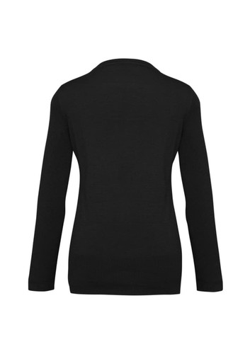 A black women's Milano cardigan with long sleeves, featuring a simple design and a logo on the back. A black women's Milano cardigan with long sleeves, featuring a simple design and a logo on the back.