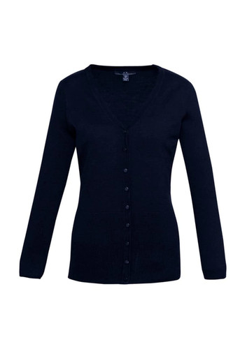 A women's Milano cardigan in black with a V-neck, long sleeves, and a button-down front. Features a logo on the label. A women's Milano cardigan in black with a V-neck, long sleeves, and a button-down front. Features a logo on the label.