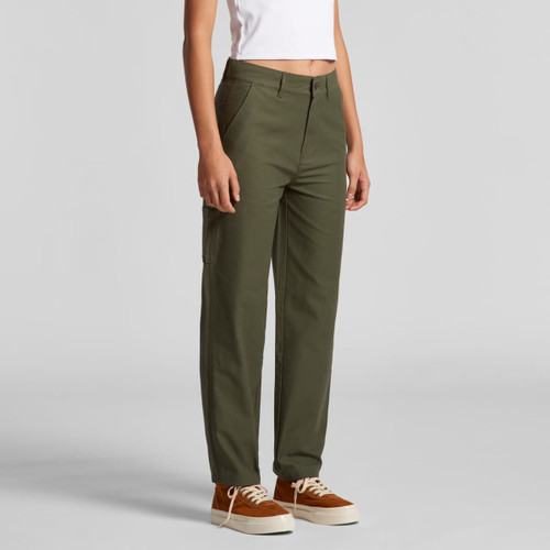 Utility cargo pants in olive green, featuring a straight leg design and pockets, paired with brown shoes.