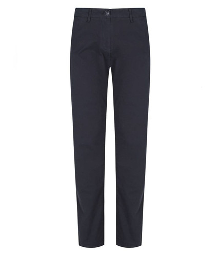 A pair of black chinos with a button and logo on the waistband, featuring straight legs and pockets.