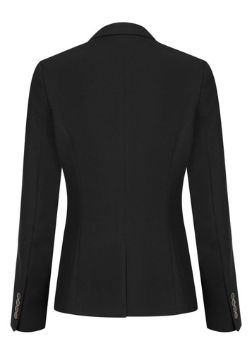 A women's black blazer featuring a tailored fit and long sleeves with button details. It includes a logo. A women's black blazer featuring a tailored fit and long sleeves with button details. It includes a logo.