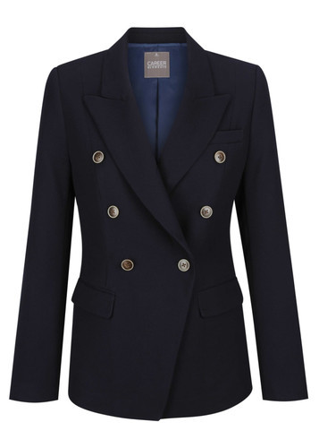 A navy women's blazer featuring double-breasted design and gold buttons, with a structured fit and notched lapels. A navy women's blazer featuring double-breasted design and gold buttons, with a structured fit and notched lapels.