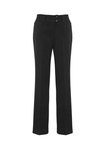 A pair of black women's slacks featuring a fitted waist and two buttons. The pants have a straight-leg design. A pair of black women's slacks featuring a fitted waist and two buttons. The pants have a straight-leg design.