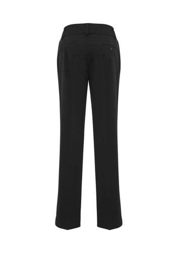 Black slacks with a tailored fit, featuring a waistband and back pocket detailing. Includes branding on the garment.