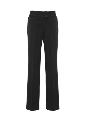 Black women's slacks with a straight leg design, featuring two front buttons and pockets, and a waistband. Black women's slacks with a straight leg design, featuring two front buttons and pockets, and a waistband.