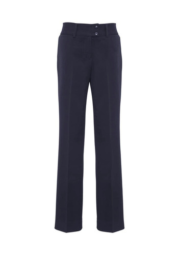 A pair of black slacks with a smooth finish and two front buttons. Features a tailored fit and straight leg design. A pair of black slacks with a smooth finish and two front buttons. Features a tailored fit and straight leg design.