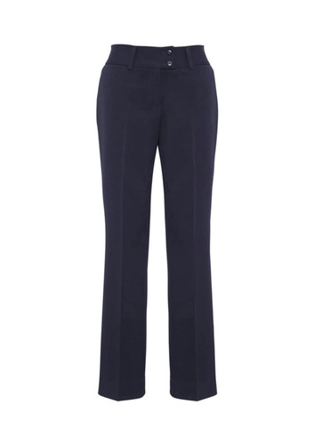 A pair of navy slacks featuring a straight-leg design and two front buttons. The garment has a logo.