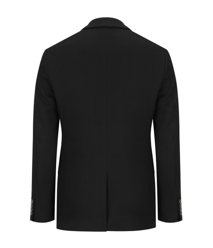 The back view of a black men's blazer featuring a single-breasted design, two front pockets, and a tailored fit. The back view of a black men's blazer featuring a single-breasted design, two front pockets, and a tailored fit.