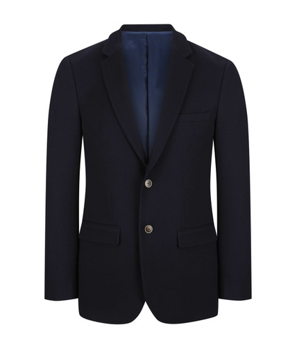 A navy blue men's blazer featuring a single-breasted design, two front pockets, and a tailored fit. A navy blue men's blazer featuring a single-breasted design, two front pockets, and a tailored fit.