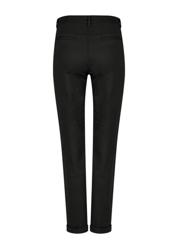 A pair of black chinos with a tapered fit and rolled cuffs, featuring back pockets and a branding logo.