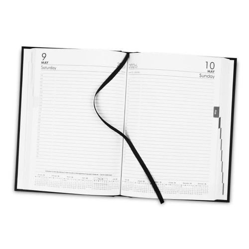 An open black diary featuring calendar pages for May 9 and 10, 2026, with lined sections for notes.