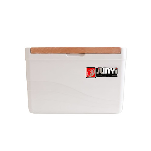 A white cooler box with a wooden lid and a logo on the front.