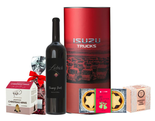A Tawny Port bottle surrounded by assorted snacks, including Christmas treats and traditional fruit pudding, with a logo.