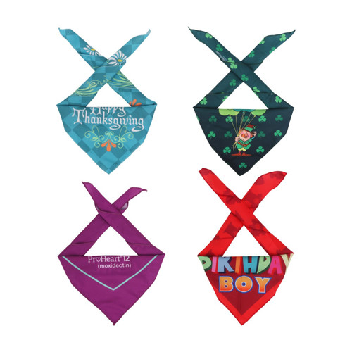Four triangle pet bandanas in teal, dark green, purple, and red, each featuring different designs. One has a logo.