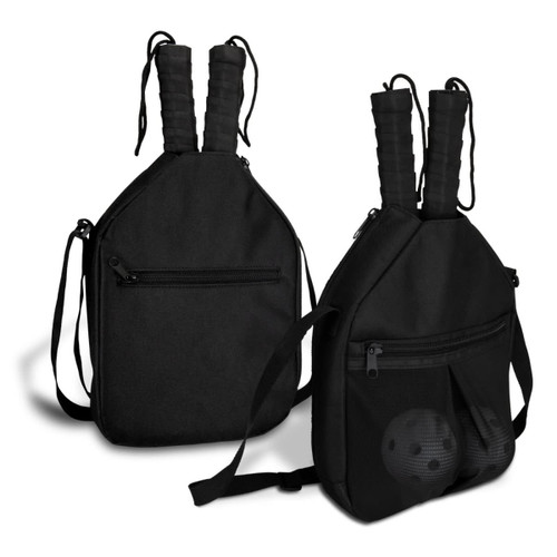 A black pickleball set bag with two paddle holders, featuring a zippered front pocket and an adjustable strap.