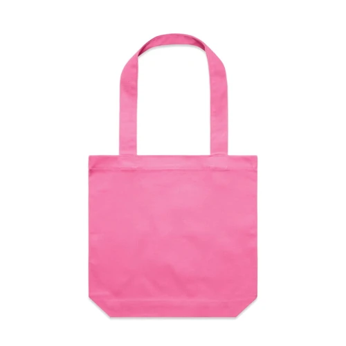 A pink tote bag with two shoulder straps and a simple design, featuring a logo.