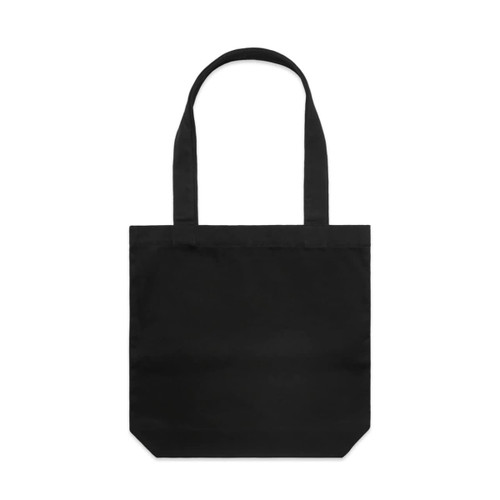 A black tote bag with two handles and a simple design. It features a logo on its surface.