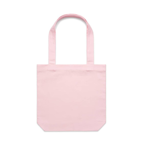 A pink tote bag with two handles and a simple, unadorned design. It features a logo on the front.