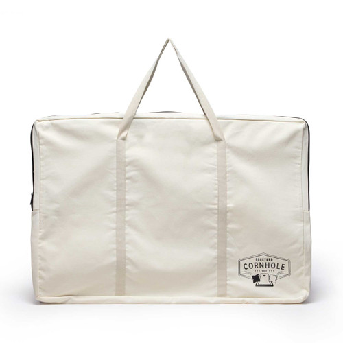 A large cream carrying bag with handles, featuring a logo related to a cornhole set. A large cream carrying bag with handles, featuring a logo related to a cornhole set.